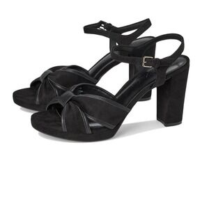 Anne Klein Black Suede Bow Platform Block Heel Sandals Women's Size 8M EUC